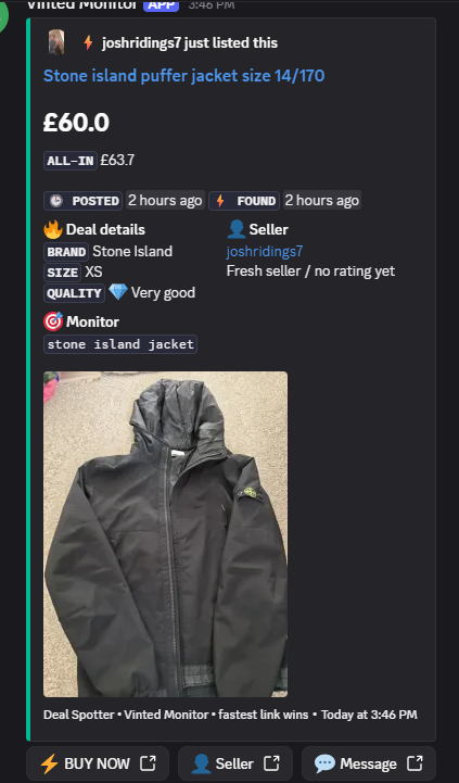 Stone Island puffer jacket size 14/170